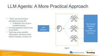 sundog-education.com
datacumulus.com
© 2024 All Rights Reserved Worldwide
LLM Agents: A More Practical Approach
User
Request
The Outside
World (or
larger
environment,
at least.)
Agent
• “Tools” are just functions
provided to a tools API.
• In Bedrock, this can be a
Lambda function.
• Prompts guide the LLM on how
to use them.
• Tools may access outside
information, retrievers, other
Python modules, services, etc.
 