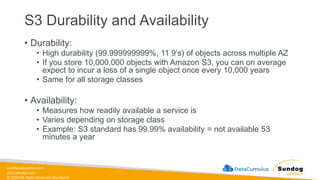 sundog-education.com
datacumulus.com
© 2024 All Rights Reserved Worldwide
S3 Durability and Availability
• Durability:
• High durability (99.999999999%, 11 9’s) of objects across multiple AZ
• If you store 10,000,000 objects with Amazon S3, you can on average
expect to incur a loss of a single object once every 10,000 years
• Same for all storage classes
• Availability:
• Measures how readily available a service is
• Varies depending on storage class
• Example: S3 standard has 99.99% availability = not available 53
minutes a year
 