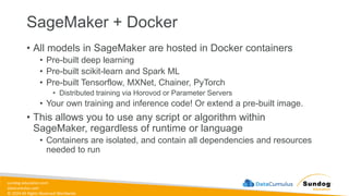 sundog-education.com
datacumulus.com
© 2024 All Rights Reserved Worldwide
SageMaker + Docker
• All models in SageMaker are hosted in Docker containers
• Pre-built deep learning
• Pre-built scikit-learn and Spark ML
• Pre-built Tensorflow, MXNet, Chainer, PyTorch
• Distributed training via Horovod or Parameter Servers
• Your own training and inference code! Or extend a pre-built image.
• This allows you to use any script or algorithm within
SageMaker, regardless of runtime or language
• Containers are isolated, and contain all dependencies and resources
needed to run
 