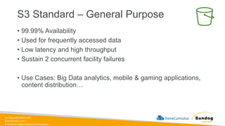 sundog-education.com
datacumulus.com
© 2024 All Rights Reserved Worldwide
S3 Standard – General Purpose
• 99.99% Availability
• Used for frequently accessed data
• Low latency and high throughput
• Sustain 2 concurrent facility failures
• Use Cases: Big Data analytics, mobile & gaming applications,
content distribution…
 