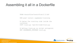 sundog-education.com
datacumulus.com
© 2024 All Rights Reserved Worldwide
Assembling it all in a Dockerfile
FROM tensorflow/tensorflow:2.0.0a0
RUN pip3 install sagemaker-training
# Copies the training code inside the
container
COPY train.py /opt/ml/code/train.py
# Defines train.py as script entrypoint
ENV SAGEMAKER_PROGRAM train.py
 