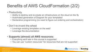 sundog-education.com
datacumulus.com
© 2024 All Rights Reserved Worldwide
Benefits of AWS CloudFormation (2/2)
• Productivity
• Ability to destroy and re-create an infrastructure on the cloud on the fly
• Automated generation of Diagram for your templates!
• Declarative programming (no need to figure out ordering and orchestration)
• Don’t re-invent the wheel
• Leverage existing templates on the web!
• Leverage the documentation
• Supports (almost) all AWS resources:
• Everything we’ll see in this course is supported
• You can use “custom resources” for resources that are not supported
 