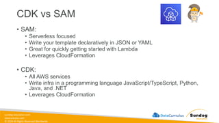 sundog-education.com
datacumulus.com
© 2024 All Rights Reserved Worldwide
CDK vs SAM
• SAM:
• Serverless focused
• Write your template declaratively in JSON or YAML
• Great for quickly getting started with Lambda
• Leverages CloudFormation
• CDK:
• All AWS services
• Write infra in a programming language JavaScript/TypeScript, Python,
Java, and .NET
• Leverages CloudFormation
 