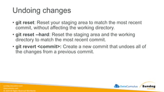 sundog-education.com
datacumulus.com
© 2024 All Rights Reserved Worldwide
Undoing changes
• git reset: Reset your staging area to match the most recent
commit, without affecting the working directory.
• git reset --hard: Reset the staging area and the working
directory to match the most recent commit.
• git revert <commit>: Create a new commit that undoes all of
the changes from a previous commit.
 