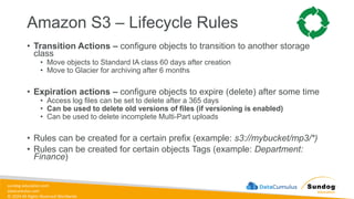 sundog-education.com
datacumulus.com
© 2024 All Rights Reserved Worldwide
Amazon S3 – Lifecycle Rules
• Transition Actions – configure objects to transition to another storage
class
• Move objects to Standard IA class 60 days after creation
• Move to Glacier for archiving after 6 months
• Expiration actions – configure objects to expire (delete) after some time
• Access log files can be set to delete after a 365 days
• Can be used to delete old versions of files (if versioning is enabled)
• Can be used to delete incomplete Multi-Part uploads
• Rules can be created for a certain prefix (example: s3://mybucket/mp3/*)
• Rules can be created for certain objects Tags (example: Department:
Finance)
 