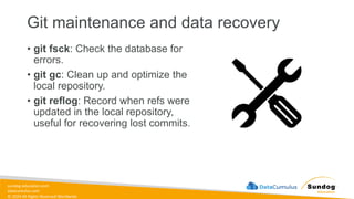 sundog-education.com
datacumulus.com
© 2024 All Rights Reserved Worldwide
Git maintenance and data recovery
• git fsck: Check the database for
errors.
• git gc: Clean up and optimize the
local repository.
• git reflog: Record when refs were
updated in the local repository,
useful for recovering lost commits.
 