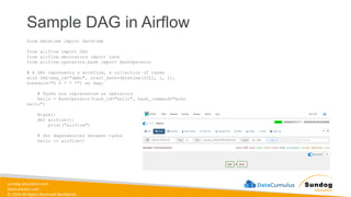 sundog-education.com
datacumulus.com
© 2024 All Rights Reserved Worldwide
Sample DAG in Airflow
from datetime import datetime
from airflow import DAG
from airflow.decorators import task
from airflow.operators.bash import BashOperator
# A DAG represents a workflow, a collection of tasks
with DAG(dag_id="demo", start_date=datetime(2022, 1, 1),
schedule="0 0 * * *") as dag:
# Tasks are represented as operators
hello = BashOperator(task_id="hello", bash_command="echo
hello")
@task()
def airflow():
print("airflow")
# Set dependencies between tasks
hello >> airflow()
 