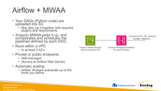 sundog-education.com
datacumulus.com
© 2024 All Rights Reserved Worldwide
Airflow + MWAA
• Your DAGs (Python code) are
uploaded into S3
• May also zip it together with required
plugins and requirements
• Amazon MWAA picks it up, and
orchestrates and schedules the
pipelines defined by each DAG.
• Runs within a VPC
• In at least 2 AZ’s
• Private or public endpoints
• IAM-managed
• (Access to Airflow Web Server)
• Automatic scaling
• Airflow Workers autoscale up to the
limits you define
Amazon Managed Workflows
for Apache Airflow
Amazon Simple Storage
Service (Amazon S3)
Everything! ETL, ML, analytics,
storage, databases…
 