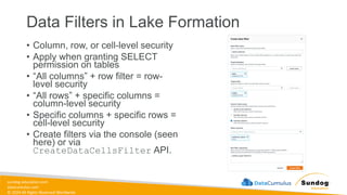 sundog-education.com
datacumulus.com
© 2024 All Rights Reserved Worldwide
Data Filters in Lake Formation
• Column, row, or cell-level security
• Apply when granting SELECT
permission on tables
• “All columns” + row filter = row-
level security
• “All rows” + specific columns =
column-level security
• Specific columns + specific rows =
cell-level security
• Create filters via the console (seen
here) or via
CreateDataCellsFilter API.
 