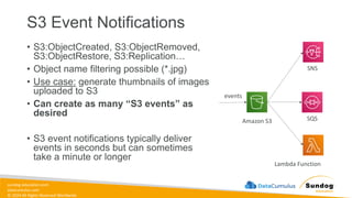 sundog-education.com
datacumulus.com
© 2024 All Rights Reserved Worldwide
S3 Event Notifications
Amazon S3
events
Lambda Function
SQS
SNS
• S3:ObjectCreated, S3:ObjectRemoved,
S3:ObjectRestore, S3:Replication…
• Object name filtering possible (*.jpg)
• Use case: generate thumbnails of images
uploaded to S3
• Can create as many “S3 events” as
desired
• S3 event notifications typically deliver
events in seconds but can sometimes
take a minute or longer
 