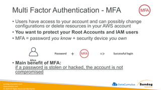 sundog-education.com
datacumulus.com
© 2024 All Rights Reserved Worldwide
Multi Factor Authentication - MFA MFA
• Users have access to your account and can possibly change
configurations or delete resources in your AWS account
• You want to protect your Root Accounts and IAM users
• MFA = password you know + security device you own
• Main benefit of MFA:
if a password is stolen or hacked, the account is not
compromised
Alice
+
Password MFA => Successful login
 