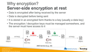 sundog-education.com
datacumulus.com
© 2024 All Rights Reserved Worldwide
Why encryption?
Server-side encryption at rest
• Data is encrypted after being received by the server
• Data is decrypted before being sent
• It is stored in an encrypted form thanks to a key (usually a data key)
• The encryption / decryption keys must be managed somewhere, and
the server must have access to it
AWS Service (e.g., S3)
+
HTTP(S) HTTP(S)
Object
Data key
Object
+
Data key
Encryption Decryption
 