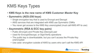 sundog-education.com
datacumulus.com
© 2024 All Rights Reserved Worldwide
KMS Keys Types
• KMS Keys is the new name of KMS Customer Master Key
• Symmetric (AES-256 keys)
• Single encryption key that is used to Encrypt and Decrypt
• AWS services that are integrated with KMS use Symmetric CMKs
• You never get access to the KMS Key unencrypted (must call KMS API to use)
• Asymmetric (RSA & ECC key pairs)
• Public (Encrypt) and Private Key (Decrypt) pair
• Used for Encrypt/Decrypt, or Sign/Verify operations
• The public key is downloadable, but you can’t access the Private Key
unencrypted
• Use case: encryption outside of AWS by users who can’t call the KMS API
 