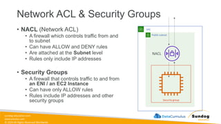 sundog-education.com
datacumulus.com
© 2024 All Rights Reserved Worldwide
Public subnet
Network ACL & Security Groups
• NACL (Network ACL)
• A firewall which controls traffic from and
to subnet
• Can have ALLOW and DENY rules
• Are attached at the Subnet level
• Rules only include IP addresses
• Security Groups
• A firewall that controls traffic to and from
an ENI / an EC2 Instance
• Can have only ALLOW rules
• Rules include IP addresses and other
security groups
NACL
Security group
VPC
 