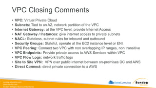 sundog-education.com
datacumulus.com
© 2024 All Rights Reserved Worldwide
VPC Closing Comments
• VPC: Virtual Private Cloud
• Subnets: Tied to an AZ, network partition of the VPC
• Internet Gateway: at the VPC level, provide Internet Access
• NAT Gateway / Instances: give internet access to private subnets
• NACL: Stateless, subnet rules for inbound and outbound
• Security Groups: Stateful, operate at the EC2 instance level or ENI
• VPC Peering: Connect two VPC with non overlapping IP ranges, non transitive
• VPC Endpoints: Provide private access to AWS Services within VPC
• VPC Flow Logs: network traffic logs
• Site to Site VPN: VPN over public internet between on-premises DC and AWS
• Direct Connect: direct private connection to a AWS
 