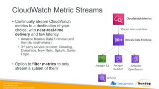 sundog-education.com
datacumulus.com
© 2024 All Rights Reserved Worldwide
CloudWatch Metric Streams
• Continually stream CloudWatch
metrics to a destination of your
choice, with near-real-time
delivery and low latency.
• Amazon Kinesis Data Firehose (and
then its destinations)
• 3rd party service provider: Datadog,
Dynatrace, New Relic, Splunk, Sumo
Logic…
• Option to filter metrics to only
stream a subset of them
CloudWatch Metrics
Amazon S3 Amazon
Redshift
Amazon
OpenSearch
Kinesis Data Firehose
Athena
Stream near-real-time
 