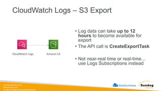 sundog-education.com
datacumulus.com
© 2024 All Rights Reserved Worldwide
CloudWatch Logs – S3 Export
• Log data can take up to 12
hours to become available for
export
• The API call is CreateExportTask
• Not near-real time or real-time…
use Logs Subscriptions instead
CloudWatch Logs Amazon S3
 
