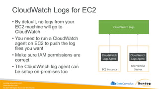 sundog-education.com
datacumulus.com
© 2024 All Rights Reserved Worldwide
CloudWatch Logs for EC2
• By default, no logs from your
EC2 machine will go to
CloudWatch
• You need to run a CloudWatch
agent on EC2 to push the log
files you want
• Make sure IAM permissions are
correct
• The CloudWatch log agent can
be setup on-premises too
EC2 Instance
CloudWatch
Logs Agent
On Premise
Server
CloudWatch
Logs Agent
CloudWatch Logs
 