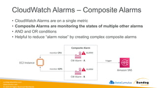 sundog-education.com
datacumulus.com
© 2024 All Rights Reserved Worldwide
CloudWatch Alarms – Composite Alarms
• CloudWatch Alarms are on a single metric
• Composite Alarms are monitoring the states of multiple other alarms
• AND and OR conditions
• Helpful to reduce “alarm noise” by creating complex composite alarms
CW Alarm - A
EC2 Instance
CW Alarm - B
monitor CPU
monitor IOPS
Composite Alarm
Amazon SNS
ALARM
ALARM
trigger
 