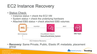 sundog-education.com
datacumulus.com
© 2024 All Rights Reserved Worldwide
EC2 Instance Recovery
CloudWatch Alarm
StatusCheckFailed_System
• Status Check:
• Instance status = check the EC2 VM
• System status = check the underlying hardware
• Attached EBS status = check attached EBS volumes
EC2 Instance
monitor
EC2 Instance Recovery
SNS Topic
alert
• Recovery: Same Private, Public, Elastic IP, metadata, placement
group
 