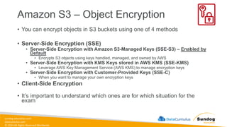 sundog-education.com
datacumulus.com
© 2024 All Rights Reserved Worldwide
Amazon S3 – Object Encryption
• You can encrypt objects in S3 buckets using one of 4 methods
• Server-Side Encryption (SSE)
• Server-Side Encryption with Amazon S3-Managed Keys (SSE-S3) – Enabled by
Default
• Encrypts S3 objects using keys handled, managed, and owned by AWS
• Server-Side Encryption with KMS Keys stored in AWS KMS (SSE-KMS)
• Leverage AWS Key Management Service (AWS KMS) to manage encryption keys
• Server-Side Encryption with Customer-Provided Keys (SSE-C)
• When you want to manage your own encryption keys
• Client-Side Encryption
• It’s important to understand which ones are for which situation for the
exam
 