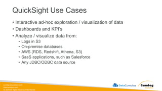 sundog-education.com
datacumulus.com
© 2024 All Rights Reserved Worldwide
QuickSight Use Cases
• Interactive ad-hoc exploration / visualization of data
• Dashboards and KPI’s
• Analyze / visualize data from:
• Logs in S3
• On-premise databases
• AWS (RDS, Redshift, Athena, S3)
• SaaS applications, such as Salesforce
• Any JDBC/ODBC data source
 