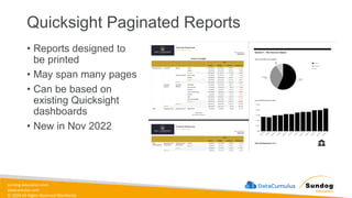 sundog-education.com
datacumulus.com
© 2024 All Rights Reserved Worldwide
Quicksight Paginated Reports
• Reports designed to
be printed
• May span many pages
• Can be based on
existing Quicksight
dashboards
• New in Nov 2022
 
