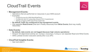 sundog-education.com
datacumulus.com
© 2024 All Rights Reserved Worldwide
CloudTrail Events
• Management Events:
• Operations that are performed on resources in your AWS account
• Examples:
• Configuring security (IAM AttachRolePolicy)
• Configuring rules for routing data (Amazon EC2 CreateSubnet)
• Setting up logging (AWS CloudTrail CreateTrail)
• By default, trails are configured to log management events.
• Can separate Read Events (that don’t modify resources) from Write Events (that may modify
resources)
• Data Events:
• By default, data events are not logged (because high volume operations)
• Amazon S3 object-level activity (ex: GetObject, DeleteObject, PutObject): can separate Read and Write Events
• AWS Lambda function execution activity (the Invoke API)
• CloudTrail Insights Events:
• See next slide ☺
 
