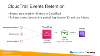 sundog-education.com
datacumulus.com
© 2024 All Rights Reserved Worldwide
CloudTrail Events Retention
• Events are stored for 90 days in CloudTrail
• To keep events beyond this period, log them to S3 and use Athena
CloudTrail
S3 Bucket
Long-term retention
Data Events
Management Events
Insights Events
log
90 days
retention
analyze
Athena
 
