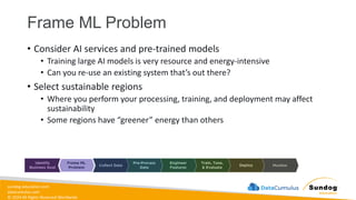 sundog-education.com
datacumulus.com
© 2024 All Rights Reserved Worldwide
Frame ML Problem
• Consider AI services and pre-trained models
• Training large AI models is very resource and energy-intensive
• Can you re-use an existing system that’s out there?
• Select sustainable regions
• Where you perform your processing, training, and deployment may affect
sustainability
• Some regions have “greener” energy than others
 
