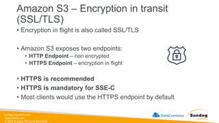 sundog-education.com
datacumulus.com
© 2024 All Rights Reserved Worldwide
Amazon S3 – Encryption in transit
(SSL/TLS)
• Encryption in flight is also called SSL/TLS
• Amazon S3 exposes two endpoints:
• HTTP Endpoint – non encrypted
• HTTPS Endpoint – encryption in flight
• HTTPS is recommended
• HTTPS is mandatory for SSE-C
• Most clients would use the HTTPS endpoint by default
 
