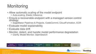 sundog-education.com
datacumulus.com
© 2024 All Rights Reserved Worldwide
Monitoring
• Allow automatic scaling of the model endpoint
• Auto-scaling, Elastic Inference
• Ensure a recoverable endpoint with a managed version control
strategy
• SageMaker Pipelines & Projects, CodeCommit, CloudFormation, ECR
• Evaluate model explainability
• Evaluate data drift
• Monitor, detect, and handle model performance degradation
• Clarify, Model Monitor, OpenSearch
 