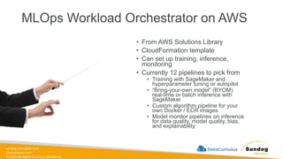 sundog-education.com
datacumulus.com
© 2024 All Rights Reserved Worldwide
MLOps Workload Orchestrator on AWS
• From AWS Solutions Library
• CloudFormation template
• Can set up training, inference,
monitoring
• Currently 12 pipelines to pick from
• Training with SageMaker and
hyperparameter tuning or autopilot
• “Bring-your-own model” (BYOM)
real-time or batch inference with
SageMaker
• Custom algorithm pipeline for your
own Docker / ECR images
• Model monitor pipelines on inference
for data quality, model quality, bias,
and explainability
 