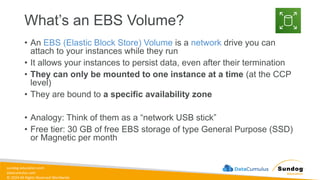 sundog-education.com
datacumulus.com
© 2024 All Rights Reserved Worldwide
What’s an EBS Volume?
• An EBS (Elastic Block Store) Volume is a network drive you can
attach to your instances while they run
• It allows your instances to persist data, even after their termination
• They can only be mounted to one instance at a time (at the CCP
level)
• They are bound to a specific availability zone
• Analogy: Think of them as a “network USB stick”
• Free tier: 30 GB of free EBS storage of type General Purpose (SSD)
or Magnetic per month
 