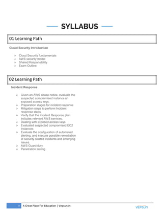 4 A Great Place For Education | Vepsun.in
Cloud Security Introduction
 Cloud Security fundamentals
 AWS security model
 Shared Responsibility
 Exam Outline
02 Learning Path
Incident Response
 Given an AWS abuse notice, evaluate the
suspected compromised instance or
exposed access keys.
 Preparation stages for incident response
 Mitigation steps to perform Incident
response steps
 Verify that the Incident Response plan
includes relevant AWS services.
 Dealing with exposed access keys
 Evaluated suspected compromised EC2
Instances
 Evaluate the configuration of automated
alerting, and execute possible remediation
of security-related incidents and emerging
issues.
 AWS Guard duty
 Penetration testing
01 Learning Path
 