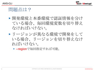 COPYRIGHT © 2013 IPROS CORPORATION. ALL RIGHTS RESERVED. 【CONFIDENTIAL】
AWS-CLI
19
問題点は？
開発環境と本番環境で認証情報を分け
ている場合、毎回環境変数を切り替え
なければいけない。
リージョンが異なる環境で開発をして
いる場合、リージョンを切り替えなけ
ればいけない。
--regionで毎回指定すれば可能。
 