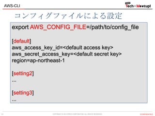 COPYRIGHT © 2013 IPROS CORPORATION. ALL RIGHTS RESERVED. 【CONFIDENTIAL】
AWS-CLI
21
export AWS_CONFIG_FILE=/path/to/config_file
[default]
aws_access_key_id=<default access key>
aws_secret_access_key=<default secret key>
region=ap-northeast-1
[setting2]
...
[setting3]
...
コンフィグファイルによる設定
 