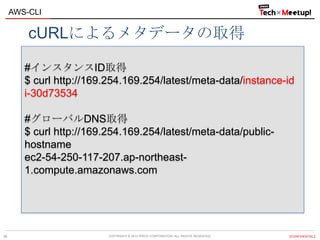 COPYRIGHT © 2013 IPROS CORPORATION. ALL RIGHTS RESERVED. 【CONFIDENTIAL】
AWS-CLI
36
#インスタンスID取得
$ curl http://169.254.169.254/latest/meta-data/instance-id
i-30d73534
#グローバルDNS取得
$ curl http://169.254.169.254/latest/meta-data/public-
hostname
ec2-54-250-117-207.ap-northeast-
1.compute.amazonaws.com
cURLによるメタデータの取得
 