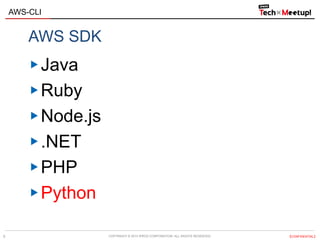 COPYRIGHT © 2013 IPROS CORPORATION. ALL RIGHTS RESERVED. 【CONFIDENTIAL】
AWS-CLI
8
AWS SDK
Java
Ruby
Node.js
.NET
PHP
Python
 