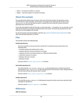AWS Command Line Interface User Guide for Version 2
Bucket lifecycle scripting example (s3api)
• Preﬁx — An Amazon S3 folder in a bucket.
• Object — Any item hosted in an Amazon S3 bucket.
About this example
This example demonstrates how to interact with some of the basic Amazon S3 operations using a
set of functions in shell script ﬁles. The functions are located in the shell script ﬁle named bucket-
operations.sh. You can call these functions in another ﬁle. Each script ﬁle contains comments
describing each of the functions.
To see the intermediate results of each step, run the script with a -i parameter. You can view the current
status of the bucket or its contents using the Amazon S3 console. The script only proceeds to the next
step when you press enter at the prompt.
For the full example and downloadable script ﬁles, see Amazon S3 Bucket Lifecycle Operations in the
AWS Code Examples Repository on GitHub.
Files
The example contains the following ﬁles:
bucket-operations.sh
This main script ﬁle can be sourced from another ﬁle. It includes functions that perform the
following tasks:
• Creating a bucket and verifying that it exists
• Copying a ﬁle from the local computer to a bucket
• Copying a ﬁle from one bucket location to a diﬀerent bucket location
• Listing the contents of a bucket
• Deleting a ﬁle from a bucket
• Deleting a bucket
View the code for bucket-operations.sh on GitHub.
test-bucket-operations.sh
The shell script ﬁle test-bucket-operations.sh demonstrates how to call the functions by
sourcing the bucket-operations.sh ﬁle and calling each of the functions. After calling functions,
the test script removes all resources that it created.
View the code for test-bucket-operations.sh on GitHub.
awsdocs-general.sh
The script ﬁle awsdocs-general.sh holds general purpose functions used across advanced code
examples for the AWS CLI.
View the code for awsdocs-general.sh on GitHub.
References
AWS CLI reference:
181
 