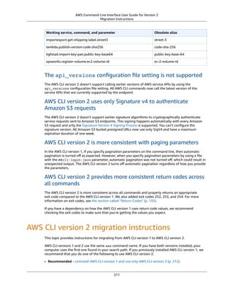 AWS Command Line Interface User Guide for Version 2
Migration instructions
Working service, command, and parameter Obsolete alias
importexport.get-shipping-label.street3 street-3
lambda.publish-version.code-sha256 code-sha-256
lightsail.import-key-pair.public-key-base64 public-key-base-64
opsworks.register-volume.ec2-volume-id ec-2-volume-id
The api_versions conﬁguration ﬁle setting is not supported
The AWS CLI version 2 doesn't support calling earlier versions of AWS service APIs by using the
api_versions conﬁguration ﬁle setting. All AWS CLI commands now call the latest version of the
service APIs that are currently supported by the endpoint.
AWS CLI version 2 uses only Signature v4 to authenticate
Amazon S3 requests
The AWS CLI version 2 doesn't support earlier signature algorithms to cryptographically authenticate
service requests sent to Amazon S3 endpoints. This signing happens automatically with every Amazon
S3 request and only the Signature Version 4 Signing Process is supported. You can't conﬁgure the
signature version. All Amazon S3 bucket presigned URLs now use only SigV4 and have a maximum
expiration duration of one week.
AWS CLI version 2 is more consistent with paging parameters
In the AWS CLI version 1, if you specify pagination parameters on the command line, then automatic
pagination is turned oﬀ as expected. However, when you specify pagination parameters by using a ﬁle
with the ##cli-input-json parameter, automatic pagination was not turned oﬀ, which could result in
unexpected output. The AWS CLI version 2 turns oﬀ automatic pagination regardless of how you provide
the parameters.
AWS CLI version 2 provides more consistent return codes across
all commands
The AWS CLI version 2 is more consistent across all commands and properly returns an appropriate
exit code compared to the AWS CLI version 1. We also added exit codes 252, 253, and 254. For more
information on exit codes, see the section called “Return Codes” (p. 135).
If you have a dependency on how the AWS CLI version 1 uses return code values, we recommend
checking the exit codes to make sure that you're getting the values you expect.
AWS CLI version 2 migration instructions
This topic provides instructions for migrating from AWS CLI version 1 to AWS CLI version 2.
AWS CLI versions 1 and 2 use the same aws command name. If you have both versions installed, your
computer uses the ﬁrst one found in your search path. If you previously installed AWS CLI version 1, we
recommend that you do one of the following to use AWS CLI version 2:
• Recommended – Uninstall AWS CLI version 1 and use only AWS CLI version 2 (p. 212).
211
 