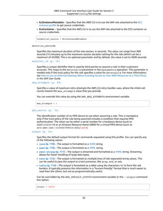AWS Command Line Interface User Guide for Version 2
Supported config ﬁle settings
• Ec2InstanceMetadata – Speciﬁes that the AWS CLI is to use the IAM role attached to the EC2
instance proﬁle to get source credentials.
• EcsContainer – Speciﬁes that the AWS CLI is to use the IAM role attached to the ECS container as
source credentials.
credential_source = Ec2InstanceMetadata
duration_seconds
Speciﬁes the maximum duration of the role session, in seconds. The value can range from 900
seconds (15 minutes) up to the maximum session duration setting for the role (which can be a
maximum of 43200). This is an optional parameter and by default, the value is set to 3600 seconds.
external_id (p. 79)
Speciﬁes a unique identiﬁer that is used by third parties to assume a role in their customers'
accounts. This maps to the ExternalId parameter in the AssumeRole operation. This parameter is
needed only if the trust policy for the role speciﬁes a value for ExternalId. For more information,
see How to use an External Gateway When Granting Access to Your AWS Resources to a Third Party
in the IAM User Guide.
max_attempts (p. 68)
Speciﬁes a value of maximum retry attempts the AWS CLI retry handler uses, where the initial call
counts toward the max_attempts value that you provide.
You can override this value by using the AWS_MAX_ATTEMPTS environment variable.
max_attempts = 3
mfa_serial (p. 78)
The identiﬁcation number of an MFA device to use when assuming a role. This is mandatory
only if the trust policy of the role being assumed includes a condition that requires MFA
authentication. The value can be either a serial number for a hardware device (such as
GAHT12345678) or an Amazon Resource Name (ARN) for a virtual MFA device (such as
arn:aws:iam::123456789012:mfa/user).
output (p. 35)
Speciﬁes the default output format for commands requested using this proﬁle. You can specify any
of the following values:
• json (p. 110) – The output is formatted as a JSON string.
• yaml (p. 110) – The output is formatted as a YAML string.
• yaml-stream (p. 111) – The output is streamed and formatted as a YAML string. Streaming
allows for faster handling of large data types.
• text (p. 112) – The output is formatted as multiple lines of tab-separated string values. This
can be useful to pass the output to a text processor, like grep, sed, or awk.
• table (p. 114) – The output is formatted as a table using the characters +|- to form the cell
borders. It typically presents the information in a "human-friendly" format that is much easier to
read than the others, but not as programmatically useful.
Can be overridden by the AWS_DEFAULT_OUTPUT environment variable or the --output command
line option.
output = table
42
 