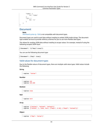 AWS Command Line Interface User Guide for Version 2
Common Parameter Types
"name": {
"S": "John"
},
"id": {
"N": "1"
}
}
}
Document
Note
Shorthand syntax (p. 104) is not compatible with document types.
Document types are used to send data without needing to embed JSON inside strings. The document
type enables services to provide arbitrary schemas for you to use more ﬂexible data types.
This allows for sending JSON data without needing to escape values. For example, instead of using the
following escaped JSON input:
{"document": "{"key":true}"}
You can use the following document type:
{"document": {"key": true}}
Valid values for document types
Due to the ﬂexible nature of document types, there are multiple valid value types. Valid values include
the following:
String
--option '"value"'
Number
--option 123
--option 123.456
Boolean
--option true
Null
--option null
Array
--option '["value1", "value2", "value3"]'
--option '["value", 1, true, null, ["key1", 2.34], {"key2": "value2"}]'
Object
--option '{"key": "value"}'
91
 