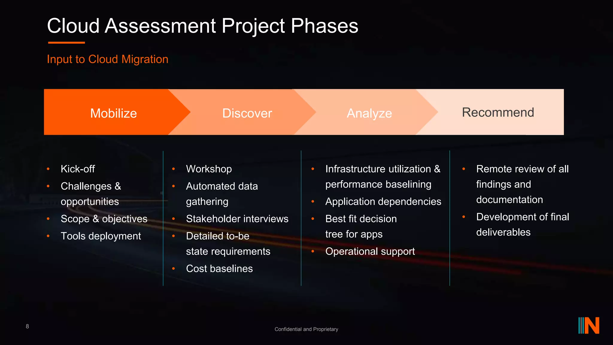 Cloud Assessment Project Phases
Confidential and Proprietary
8
Input to Cloud Migration
Mobilize Discover Recommend
• Kick-off
• Challenges &
opportunities
• Scope & objectives
• Tools deployment
• Workshop
• Automated data
gathering
• Stakeholder interviews
• Detailed to-be
state requirements
• Cost baselines
• Infrastructure utilization &
performance baselining
• Application dependencies
• Best fit decision
tree for apps
• Operational support
Analyze
• Remote review of all
findings and
documentation
• Development of final
deliverables
 