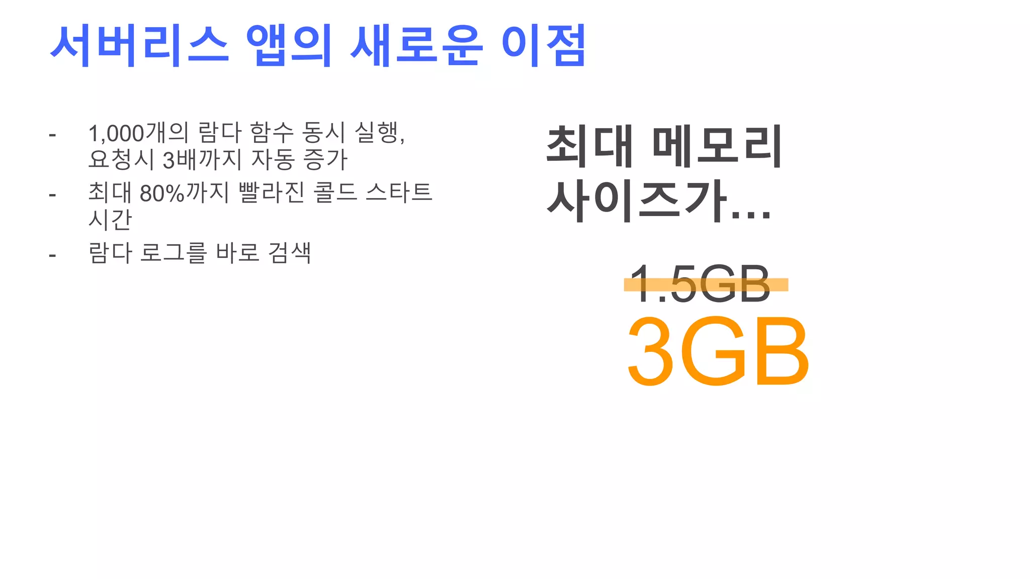 서버리스 앱의 새로운 이점
- 1,000개의 람다 함수 동시 실행,
요청시 3배까지 자동 증가
- 최대 80%까지 빨라진 콜드 스타트
시간
- 람다 로그를 바로 검색
최대 메모리
사이즈가…
1.5GB
3GB
 