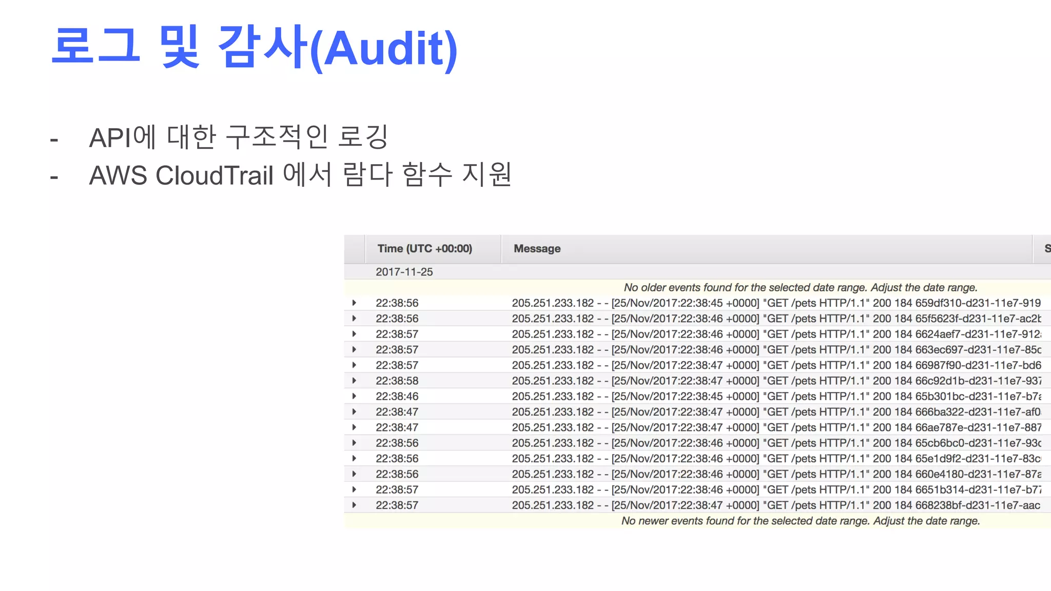 로그 및 감사(Audit)
- API에 대한 구조적인 로깅
- AWS CloudTrail 에서 람다 함수 지원
 