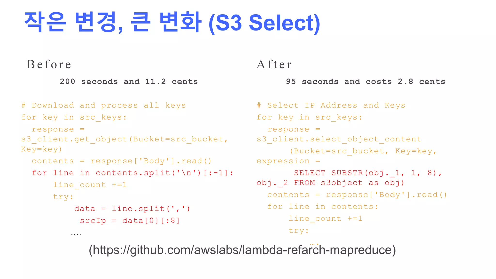 작은 변경, 큰 변화 (S3 Select)
200 seconds and 11.2 cents
# Download and process all keys
for key in src_keys:
response =
s3_client.get_object(Bucket=src_bucket,
Key=key)
contents = response['Body'].read()
for line in contents.split('n')[:-1]:
line_count +=1
try:
data = line.split(',')
srcIp = data[0][:8]
….
95 seconds and costs 2.8 cents
# Select IP Address and Keys
for key in src_keys:
response =
s3_client.select_object_content
(Bucket=src_bucket, Key=key,
expression =
SELECT SUBSTR(obj._1, 1, 8),
obj._2 FROM s3object as obj)
contents = response['Body'].read()
for line in contents:
line_count +=1
try:
….
A f t e rB e f o r e
(https://github.com/awslabs/lambda-refarch-mapreduce)
 