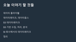 오늘 이야기 할 것들
데이터 플라이휠
데이터레이크, 데이터옵스
S3 데이터레이크
S3 기반 수집, 처리, 분석
SI 회사에서의 데이터레이크
정리
 