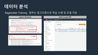 데이터 분석
Sagemaker Training : 원하는 알고리즘으로 학습 수행 및 모델 저장
① 알고리즘 선택
② 학습
Jupytor Notebook AWS Console 결과
 