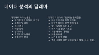 데이터 분석의 딜레마
데이터로 하고 싶은일
● 마케팅/광고 최적화, 개인화
● 고객 이탈 방지
● 원인 분석
● 매출 증대
● 성과 측정
● 트렌드 파악/예측
● 쉽고 편한 분석
이미 겪고 있거나 예상되는 문제점들
● 데이터 한군데 저장 어려움
● 다양한 데이터 포맷 정제 필요
● 일단 실험에 드는 부담
● 레거시 vs 신규 시스템
● 기술 내재화 어려움
● 채용 어려움
● 시간도 돈도 없음
● 법과 규제에 따른 데이터 활용 제약 (공유, 식별)
 